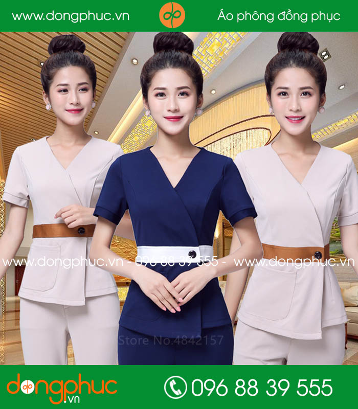 Đồng phục spa màu tím than và hồng nhạt